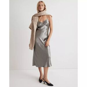 MADEWELL The Layton Midi Slip Dress 6 Metallic Recycled Satin Gray Silver B14